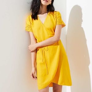 Loft golden yellow wrap eyelet dress